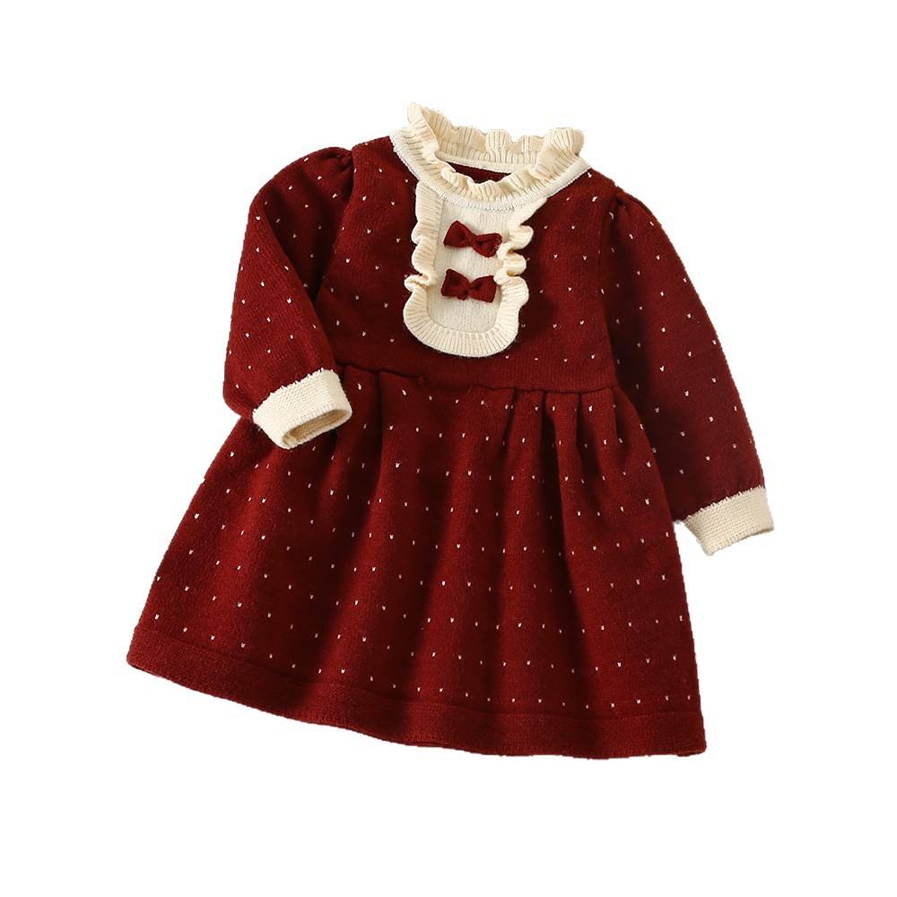 Wholesale Girl's Children's Clothes Autumn and Winter O-neck Long Sleeve Sweet Style Knitted Sweaters Dress Warm Baby Dresses