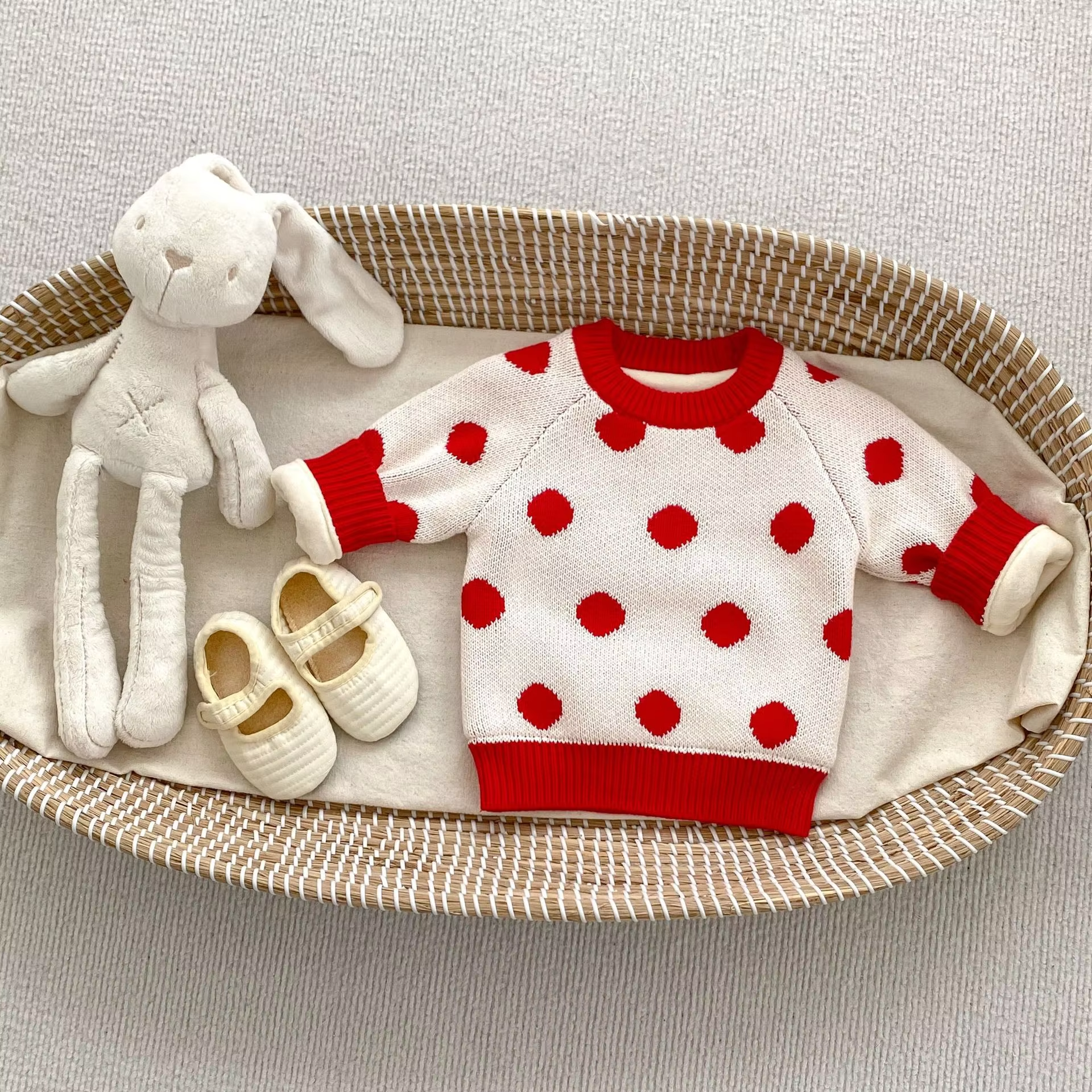 Wholesale Winter New Baby Knitted Overalls Set for Children and Babies Fleece and Thickened Polka Dot Long-sleeved Sweater Two-piece Set