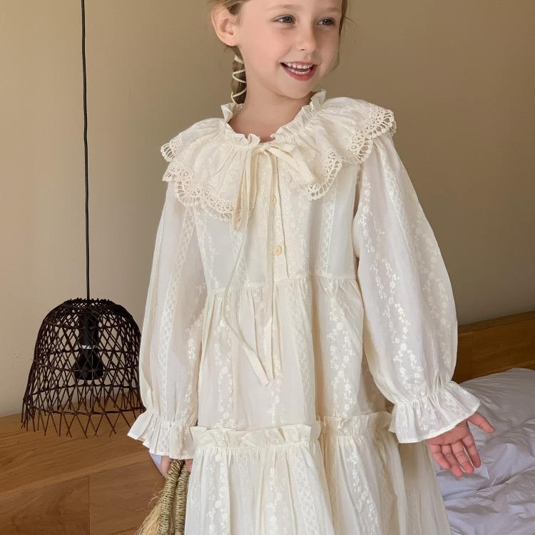 Wholesale Autumn Girl's Spring Baby Dresses Lapel Lace Sweet Solid Plain Dyed Long Sleeve A-line Sweet Baby Princess Dress