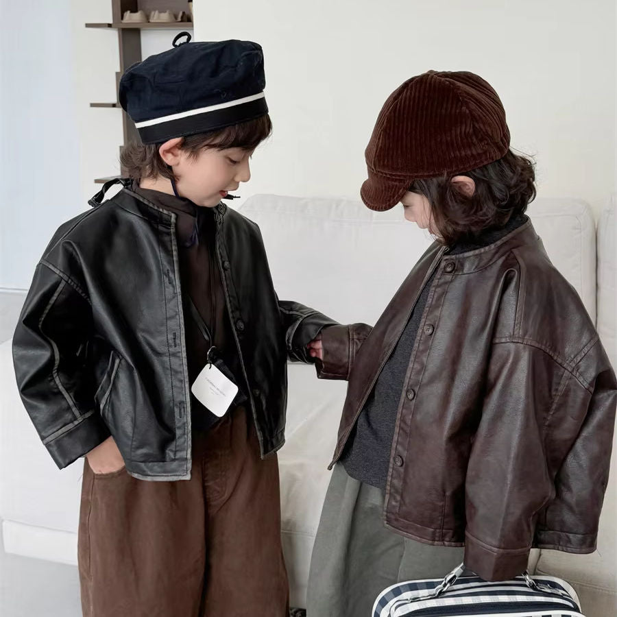 Wholesale 2025 Children's Clothes Autumn Waterproof Zipper PU Leather Baby Coat for Girls Boys Baby Casual Style Motorcycle Clothing