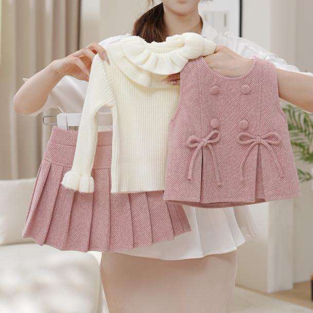 Wholesale 2025 Winter New Korean Style Casual Solid Girl's Baby Clothing Set Fleece-lined Vest Skirt Two-piece Set Baby's Angora Wool