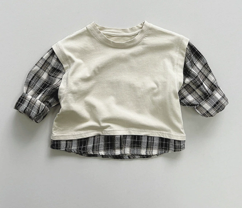 Wholesale 2026 Spring and Autumn New Style Unisex Baby T-Shirt Korean Version Forest Style Versatile Checkered Color-Blocking Undershirt