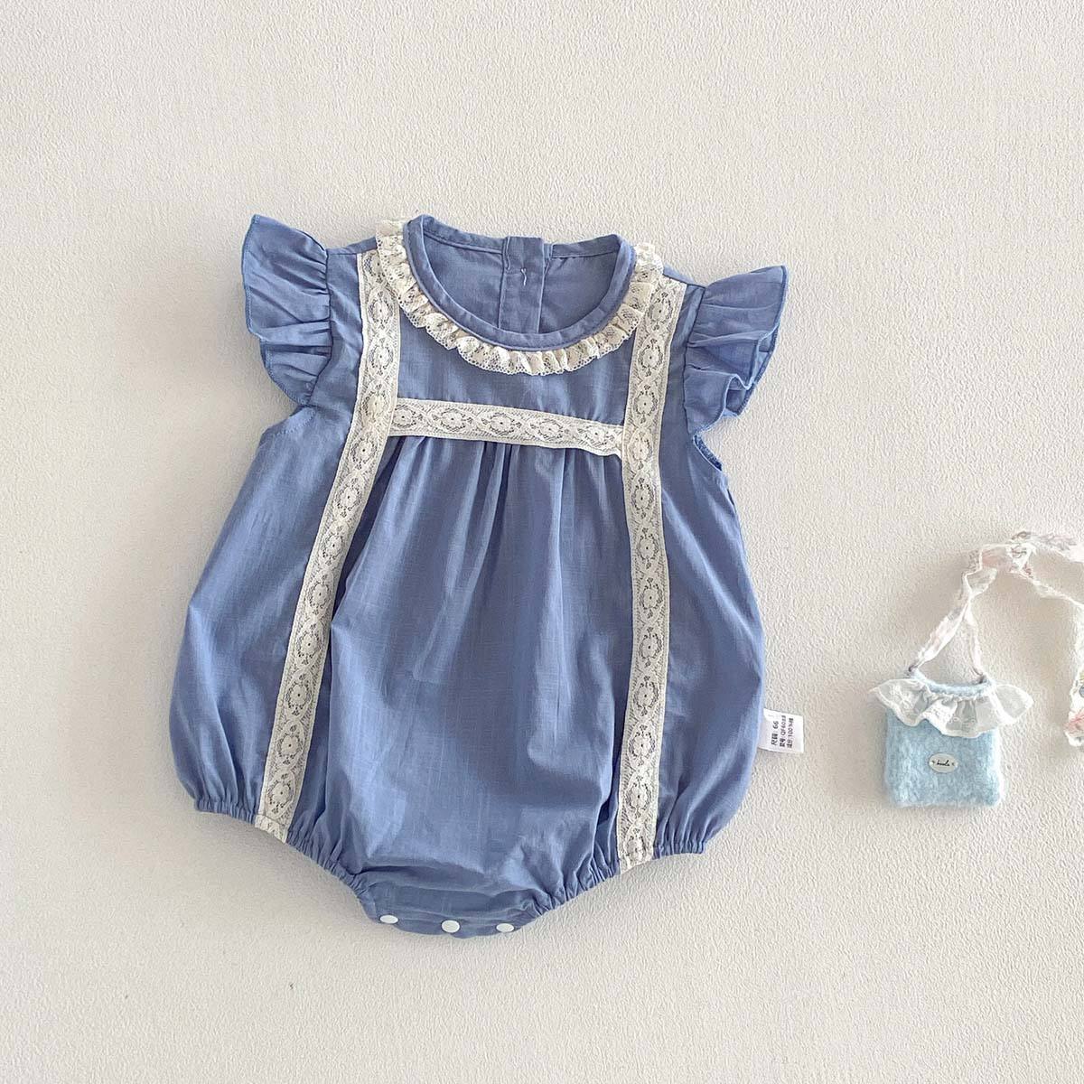 Wholesale Girls' Summer New 2026 French Style Lace Neck Baby Romper Baby Western Style Flying Sleeve One Month Clothes Thin Baby Jumpsuit