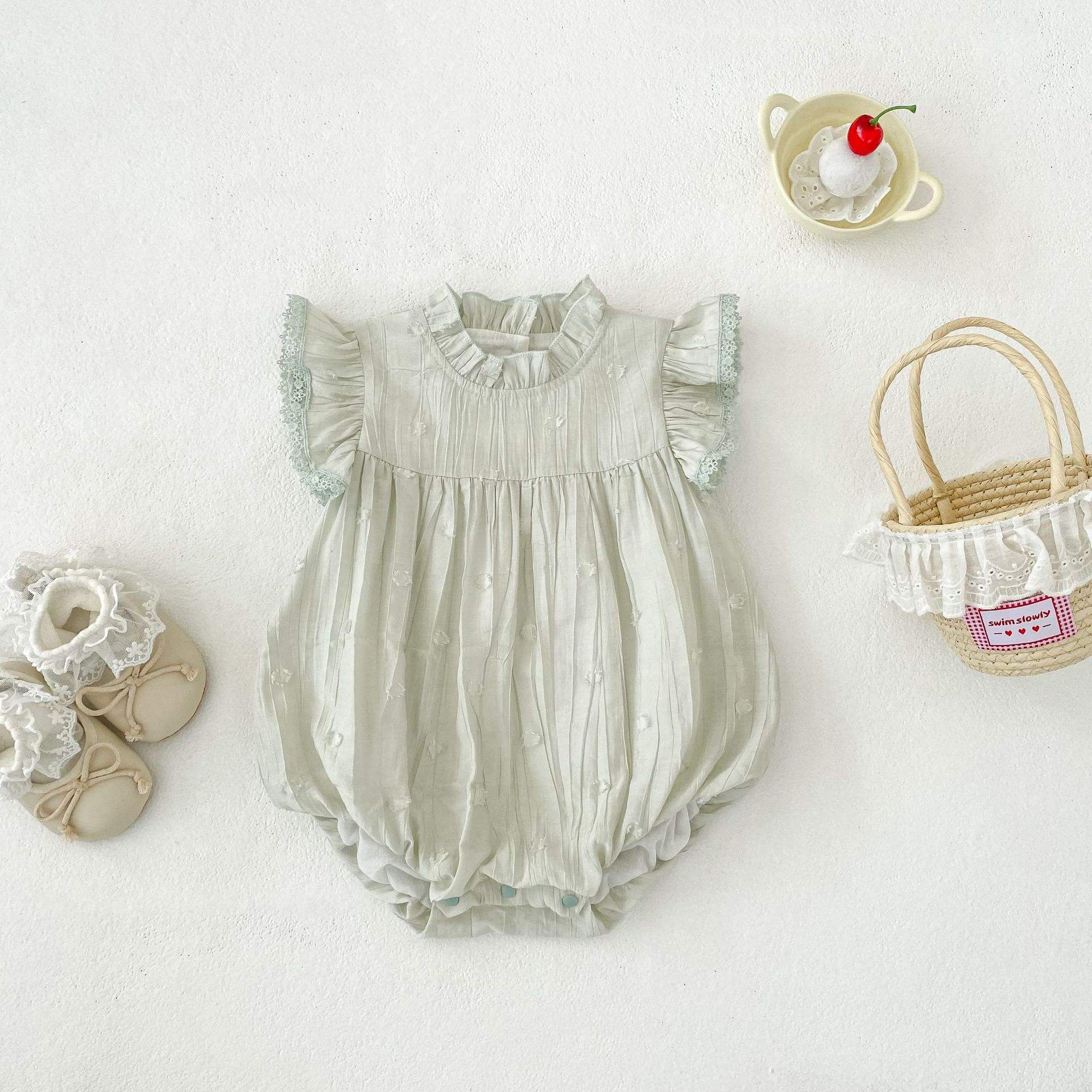 Wholesale 2026 New Fresh Simple Baby Romper Solid Color Summer Baby Flutter Sleeve Girls Stand Collar Triangle Bodysuit Crawling Suit