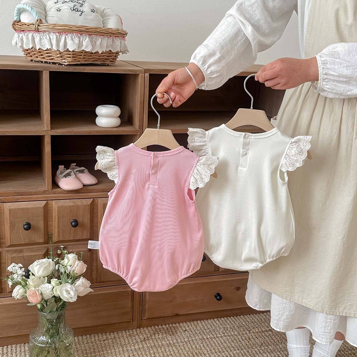Wholesale 2026 New Fashion Elegant Lace Trimmed Flutter Sleeve Summer New Romper Girls Korean Style Sweet Solid Color Baby Jumpsuit