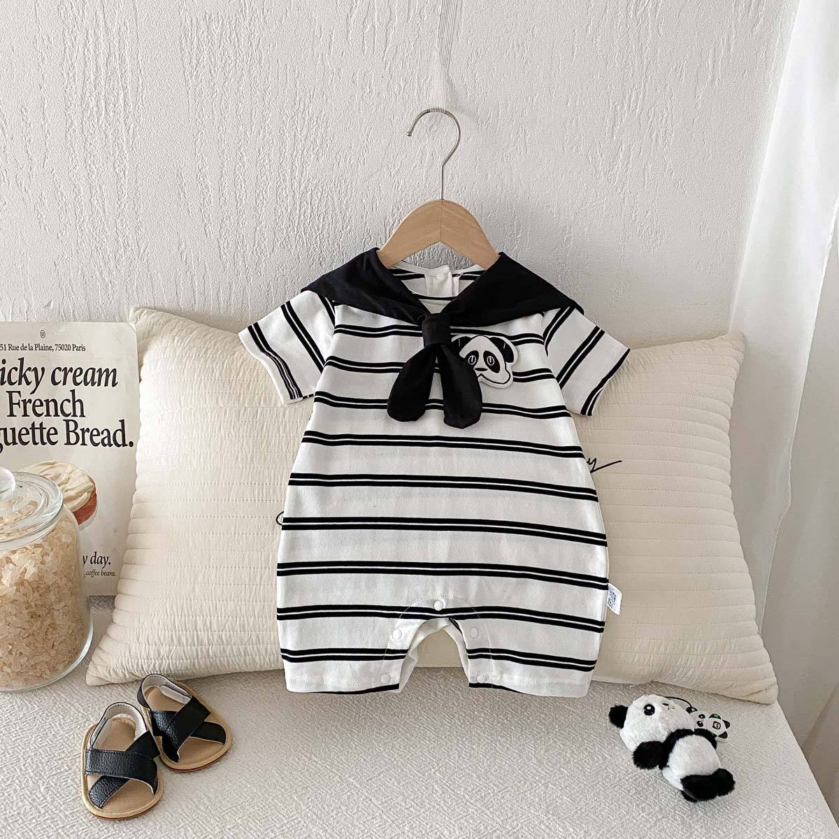 Wholesale 2026 Summer New Style Preppy Style Boys' and Girls' Striped Cartoon Embroidery Short-sleeved Romper Newborn Baby Clothes