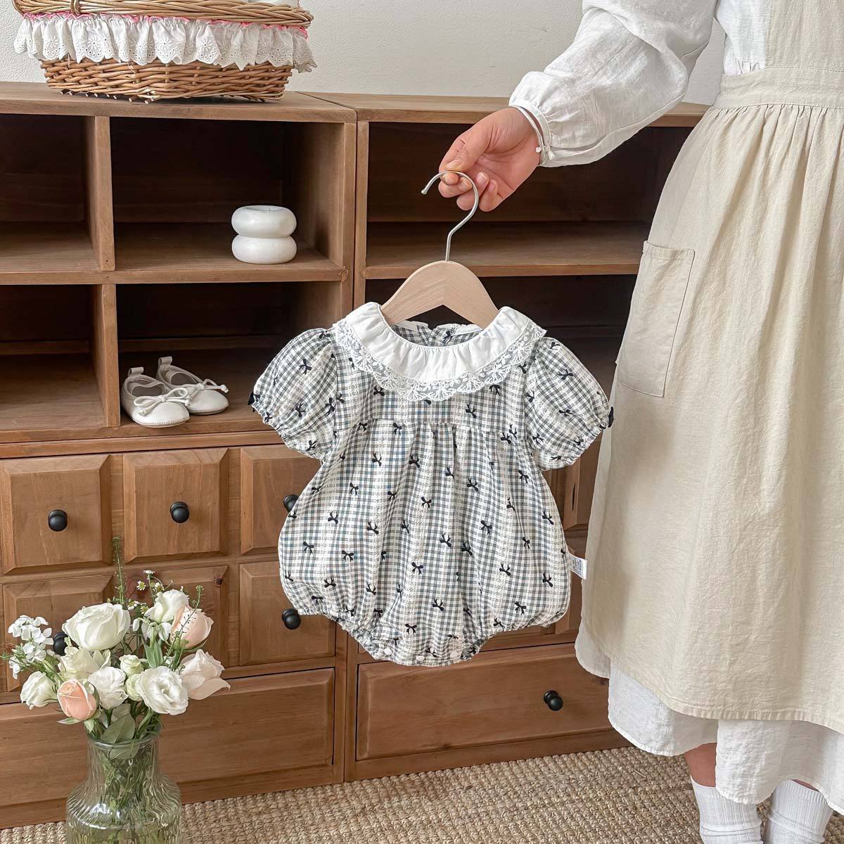 Wholesale 2026 Summer New Sweet Baby Girl Cute Bow Triangle Baby Romper with Lace Collar Cotton Pullover Baby Jumpsuit