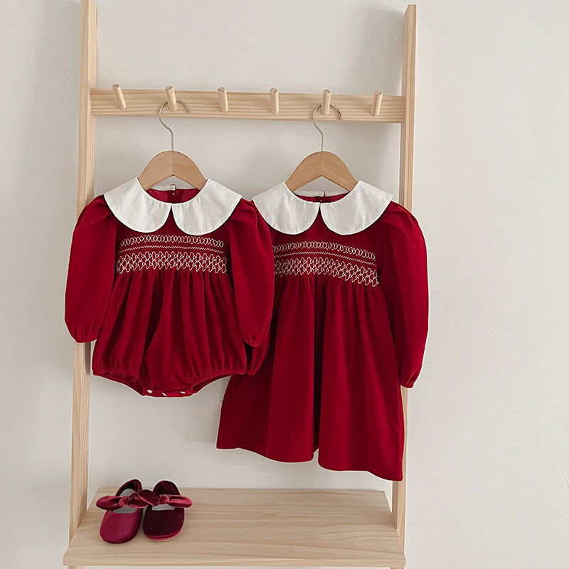 Wholesale Spring and Autumn Style Baby Dress Red Collar Korean-style Baby Clothes for Girls New Triangular Crawling Clothes for Baby Girls