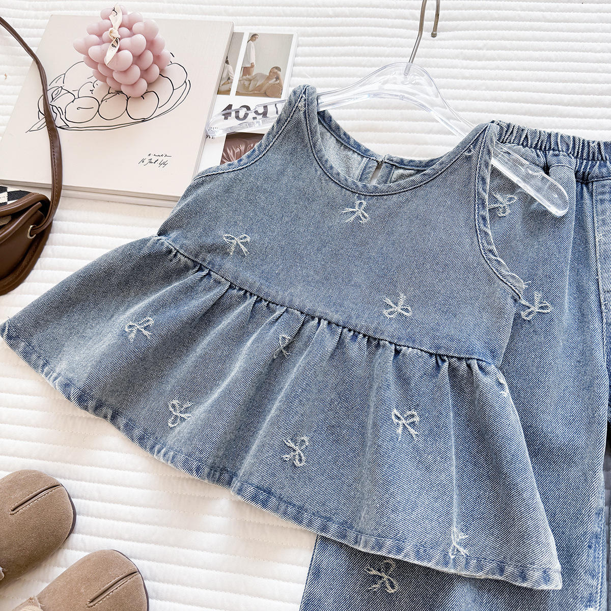 Wholesale 2026 Summer Girls' Denim Set New Fashion Bow Embroidered Denim Vest Wide-Leg Pants Retro Two-Piece Set