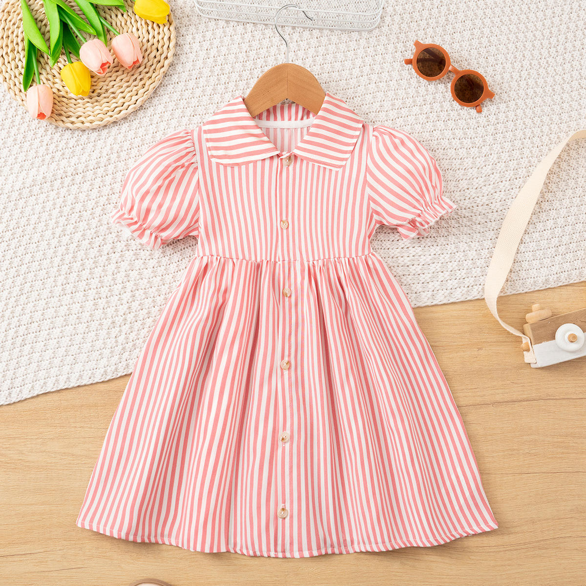 Wholesale 2026 Summer New Fashion Korean Style Girls' Crocheted Striped Shirt Collar Puff Sleeves Slim Baby Dresses