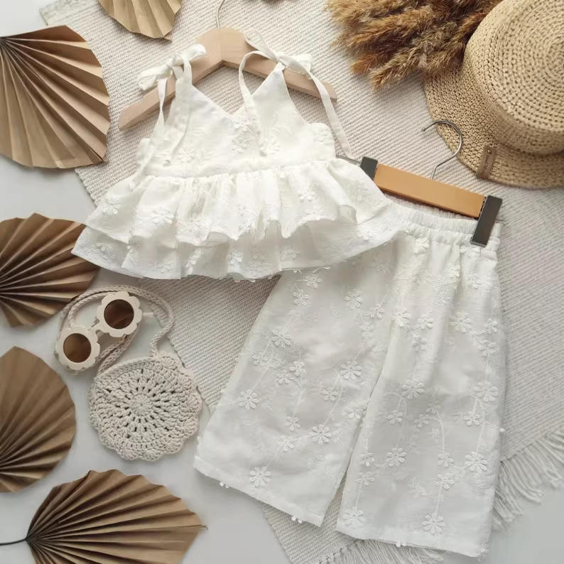 Wholesale 2026 INS Spring and Summer Girls' Cotton Embroidered Lace Vest and Long Pants French-Style Princess Two-Piece Set