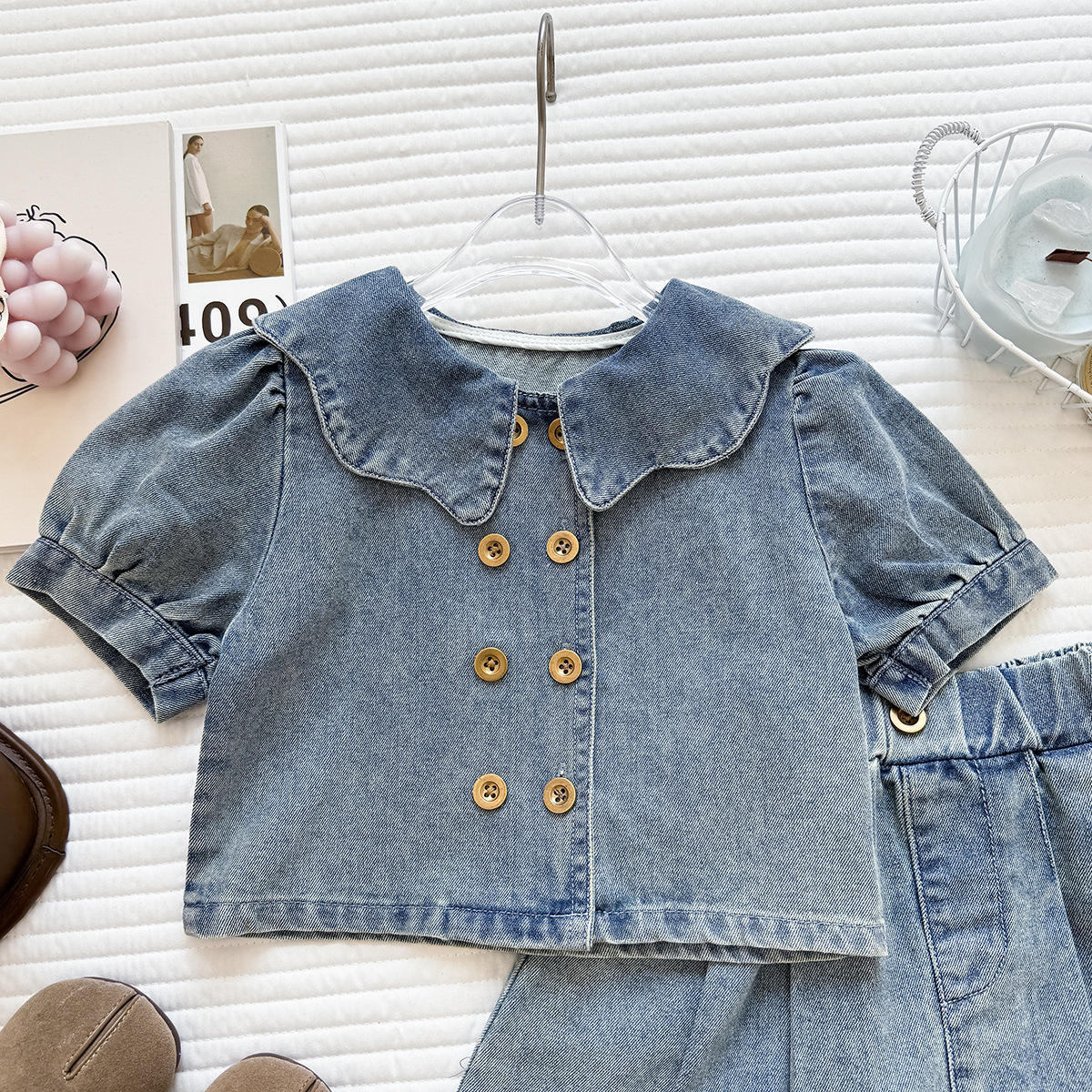 Wholesale 2026 Summer New Fashionable Girls' Outfit Short Sleeve Denim Top Pleated Skirt Children's Denim Two-Piece Set