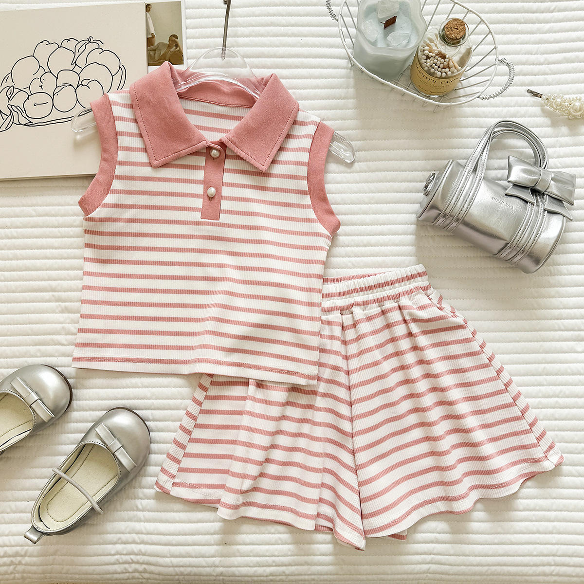 Wholesale 2026 Summer New Girls' Outfit Striped Polo Vest T-Shirt and Shorts Sports Casual Soft Pure Cotton Baby Girls Two-Piece Set