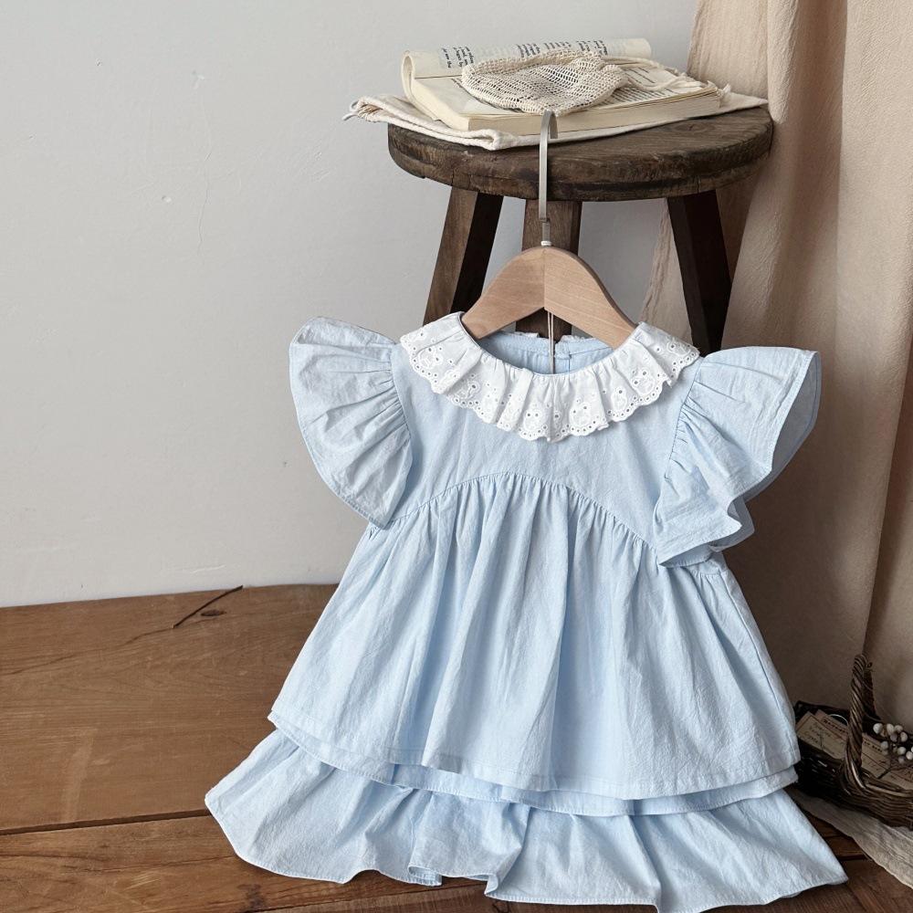 Wholesale INS Style Summer Baby and Toddler Sweet Little Princess Short-sleeve Lace Collar Top and Cake Shorts Two-piece Set