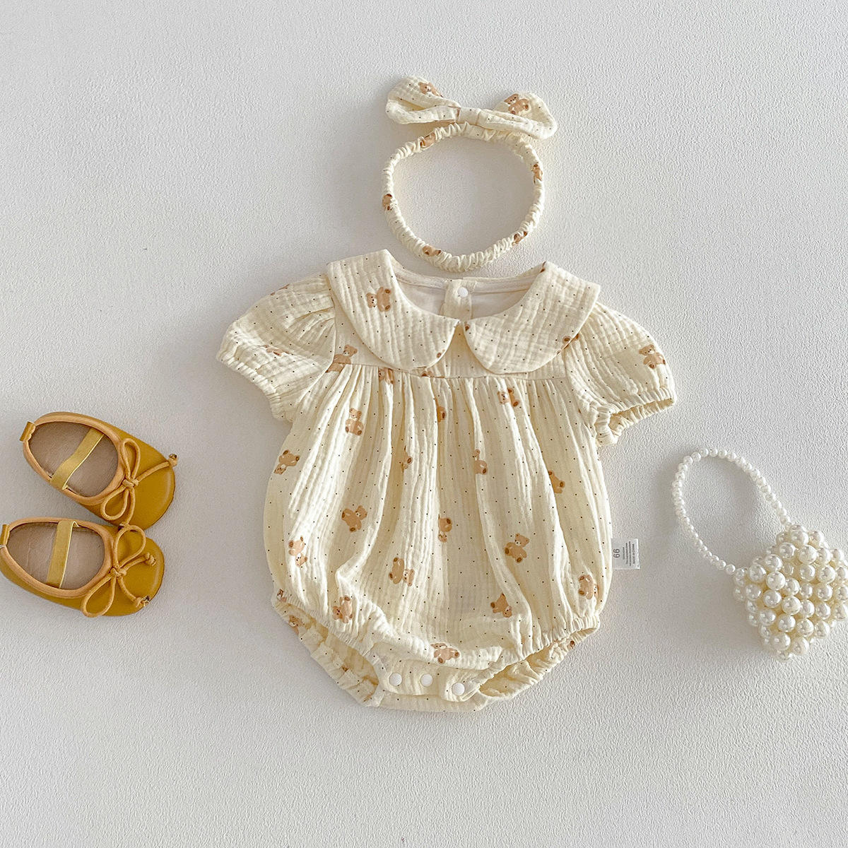 Wholesale Baby Clothes 2026 Summer New Fashion Baby Rompers Short-sleeved Gauze Printed Bear Pattern Soft Baby Jumpsuit