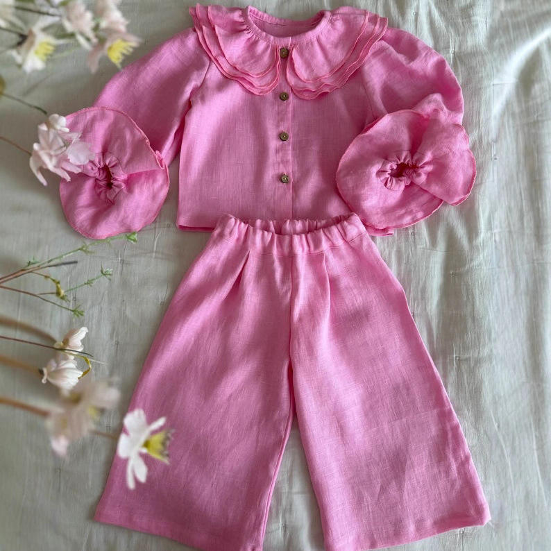 Wholesale INS Style Girls' Clothing Set Spring and Autumn Linen Casual Flared Sleeve Shirt and Wide-Leg Pants Children's Two-Piece Set
