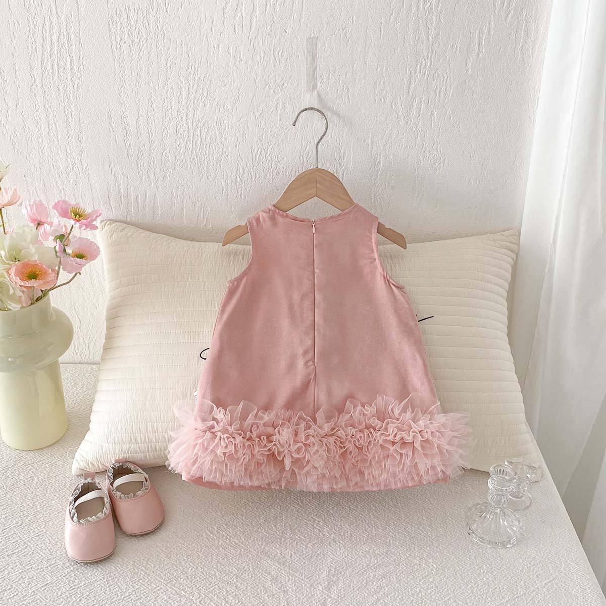 wholesale 2026 Girls' Summer New Sweet Pink Bow Vest Ruffle Printed Dress Baby and Toddler Straight Mesh Design Baby Princess Dress