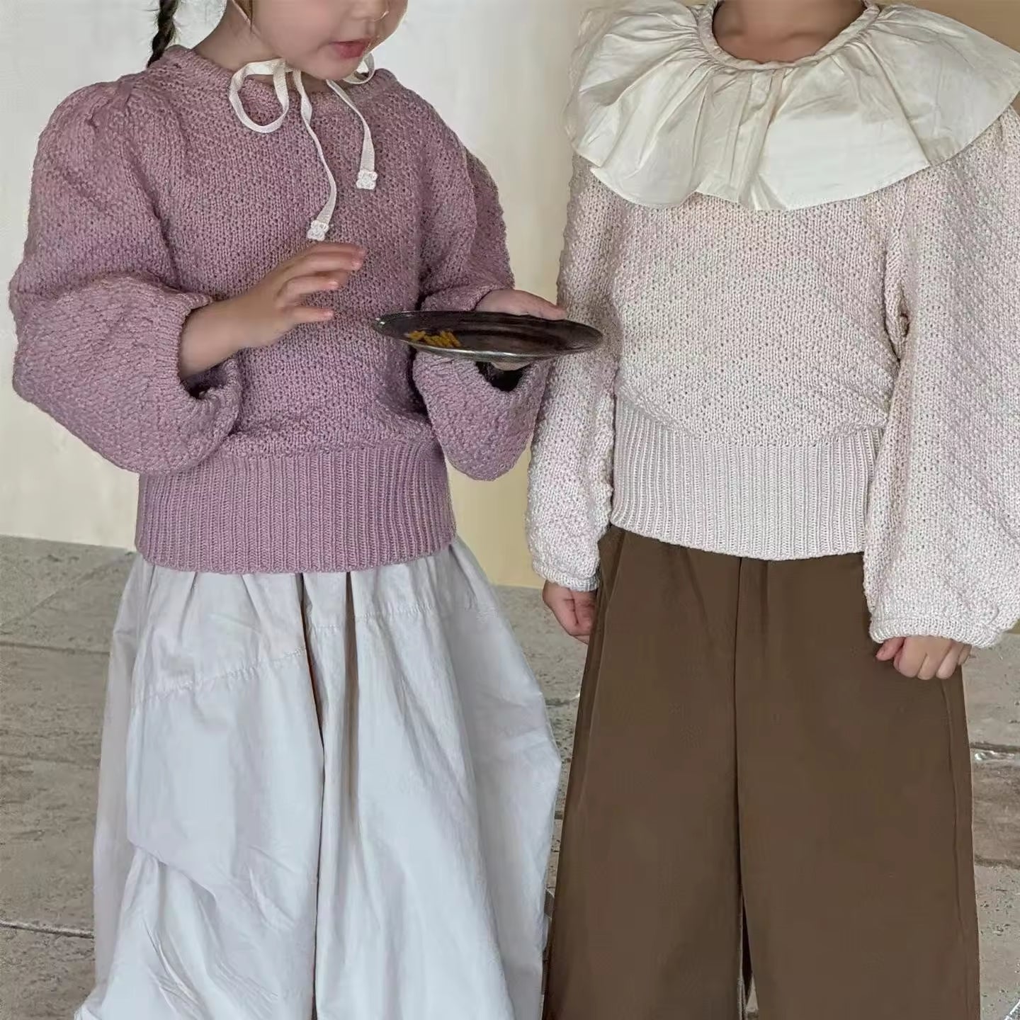 2025 Autumn New Style Baby Girls Sweater Solid Color Puff Sleeve Pullover Bottom Kids Clothing Line Sweater