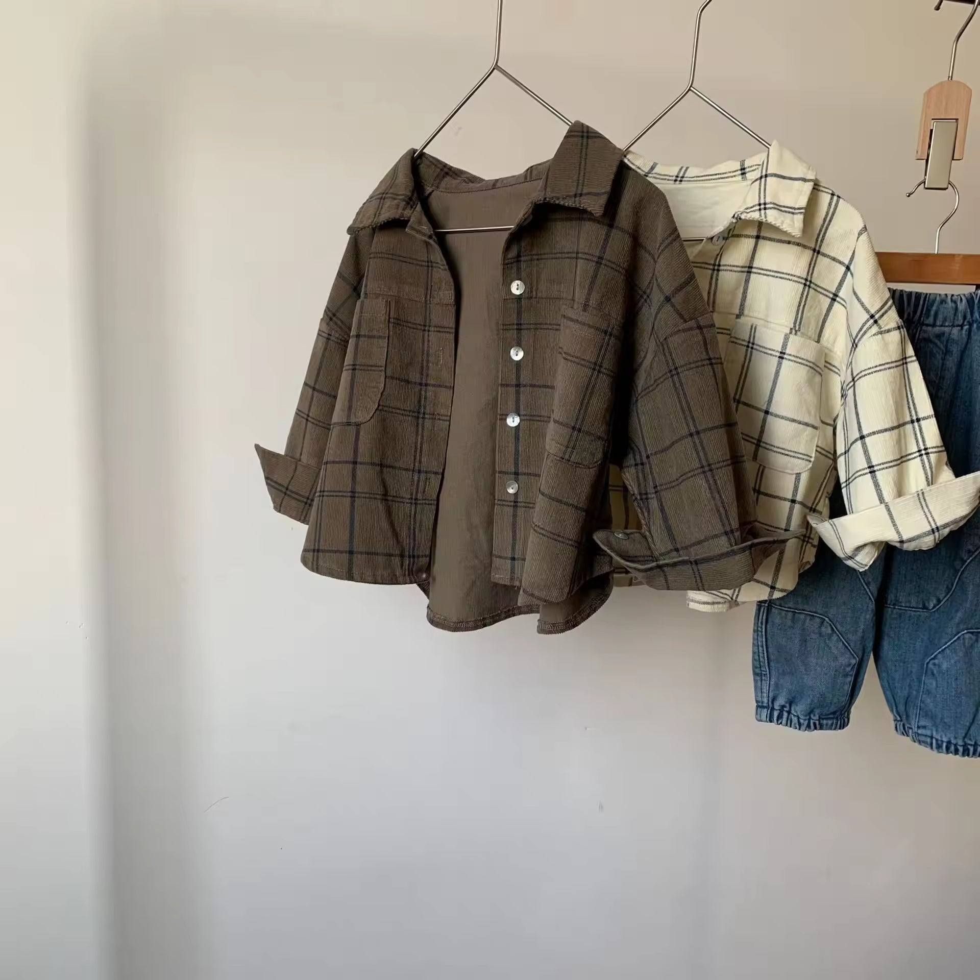 2025 Autumn New Collection Long-sleeved Corduroy Checked Shirts for Boys and Girls Children's Retro Style Casual Tops