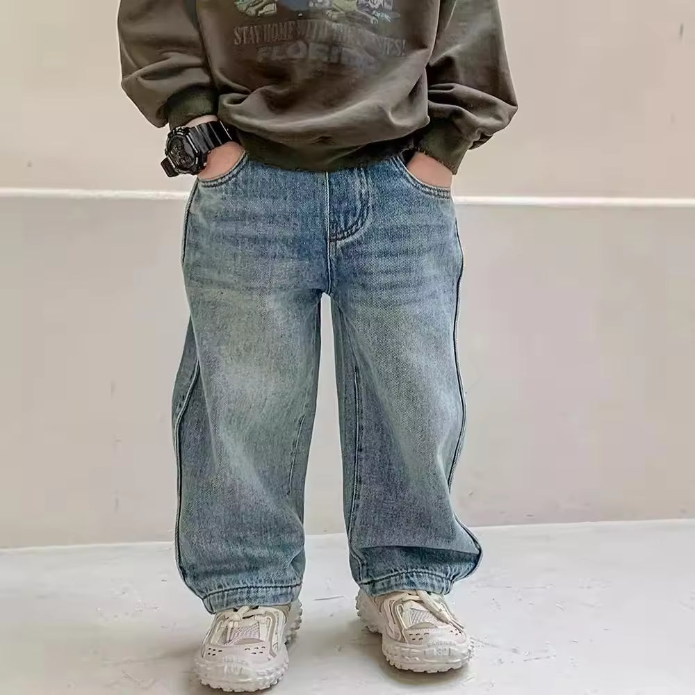Children's Trendy Retro Straight-Leg Jeans New Boys Casual Pants for Spring Stylish Vintage Clothing