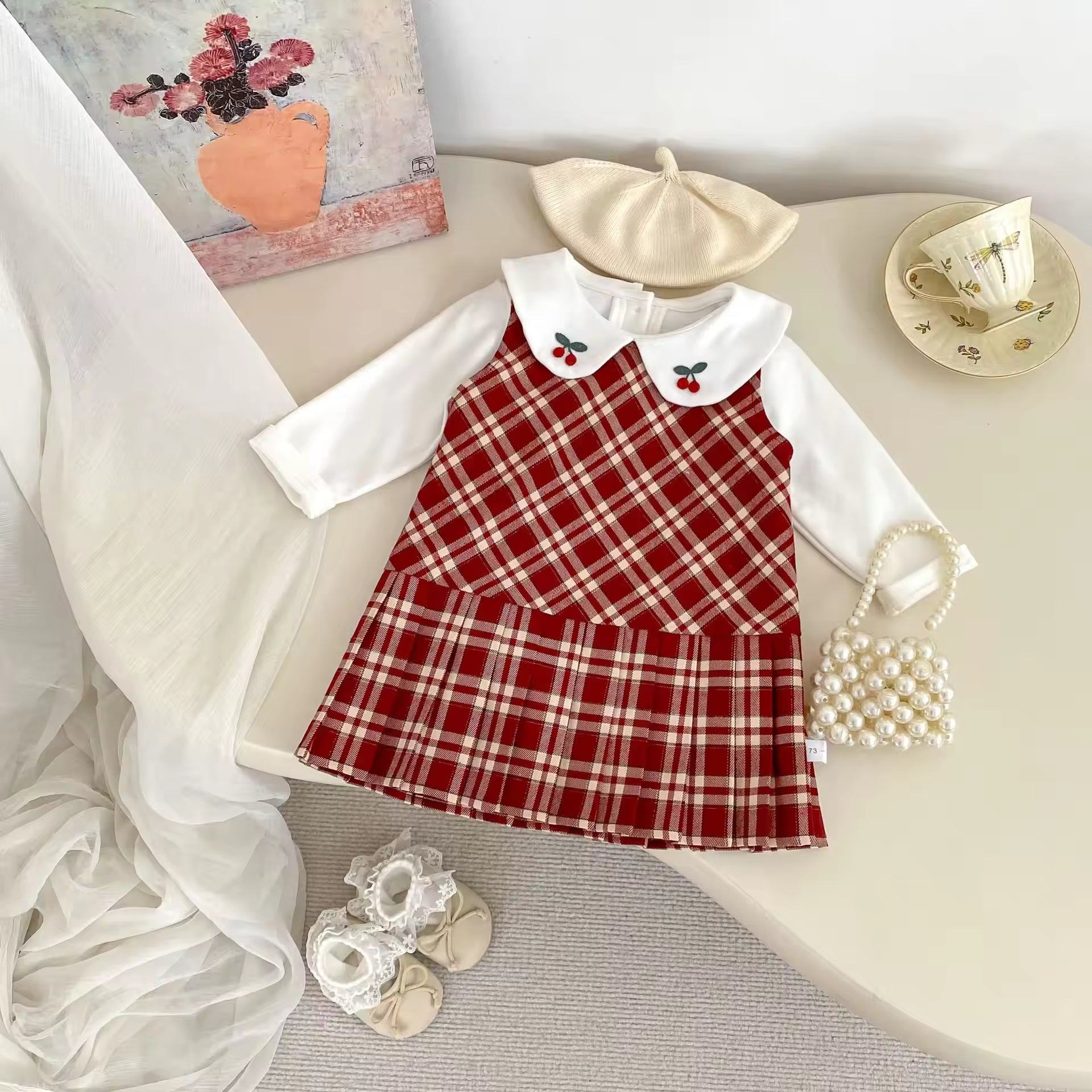 2025 Autumn New Girls' Vest Dress School-style Pleated Dress Embroidered Lapel Top Two-piece Set