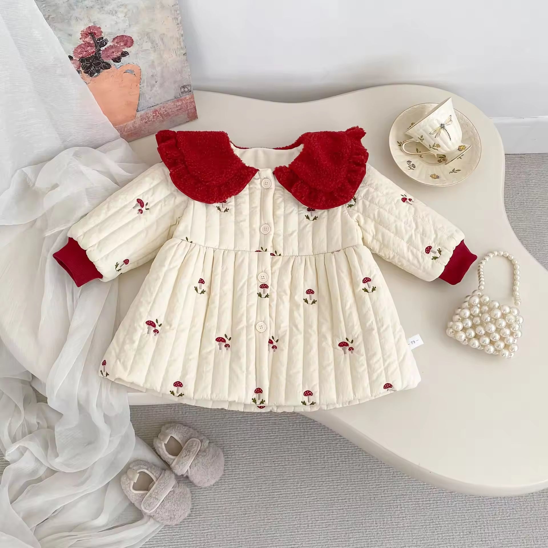 Cute Mushroom Embroidery Fleece Cotton-padded Jacket for Girls Winter 2025 Thickened Lapel Cardigan for Girls