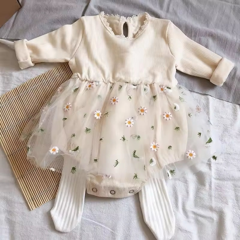 Autumn Ins Korean Style Baby Romper Toddler Casual Floral Knitted Mesh Princess Pouch Skirt Sweet romper
