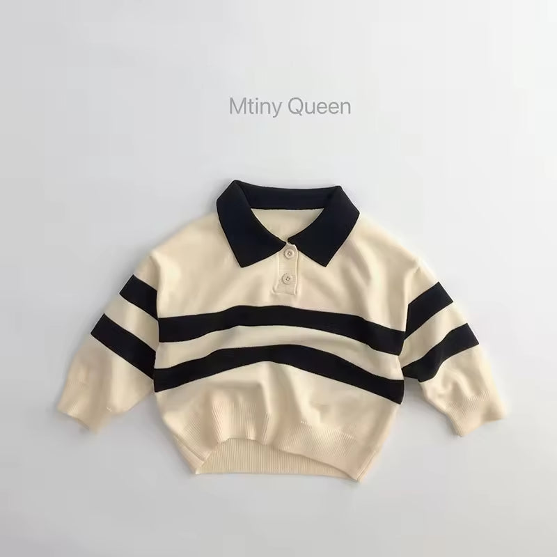 Forest Style Spring and Autumn Children's Sweater Baby Boys and Girls Two-Button Striped Turn-Down Collar Knitwear Casual Tops