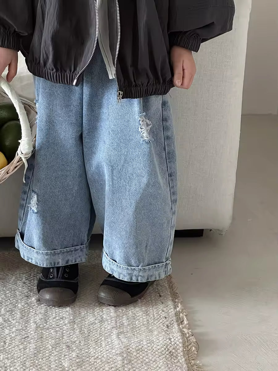 2025 Spring New Release Loose Vintage Wide-Leg Denim Baby Pants for Boys Girls Casual Straight Style Ripped Jeans Long Trousers