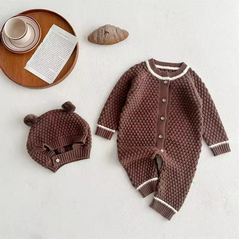 Autumn New Baby Sweater Romper Long Jumpsuit Hat for Boys Girls Cute Cotton Knitted Button Closure Baby Jumpsuits