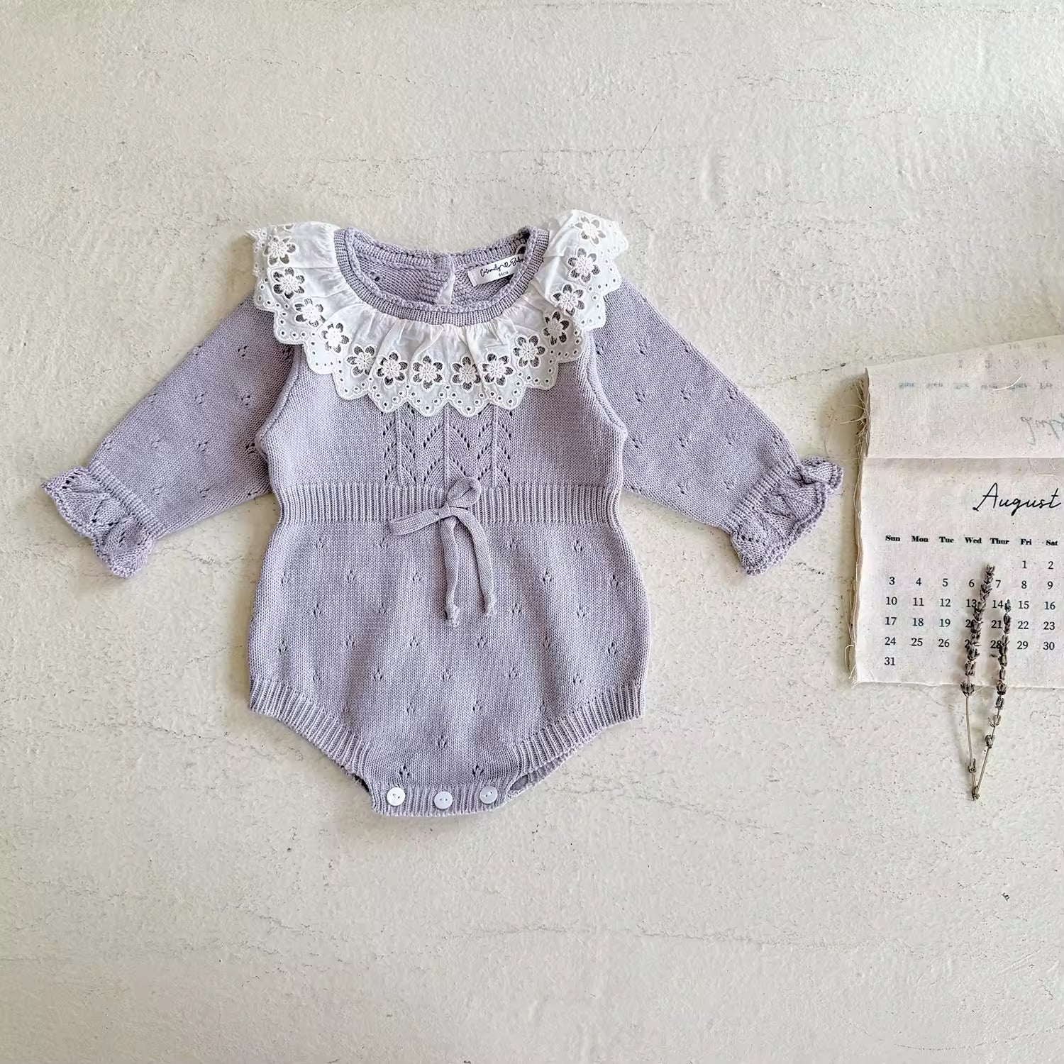 2025 Baby Girl Romper Autumn Casual 100% Cotton Knitted Lace Climbing Suit Raglan Sleeve Ruffle Collar Triangle Baby Jumpsuit