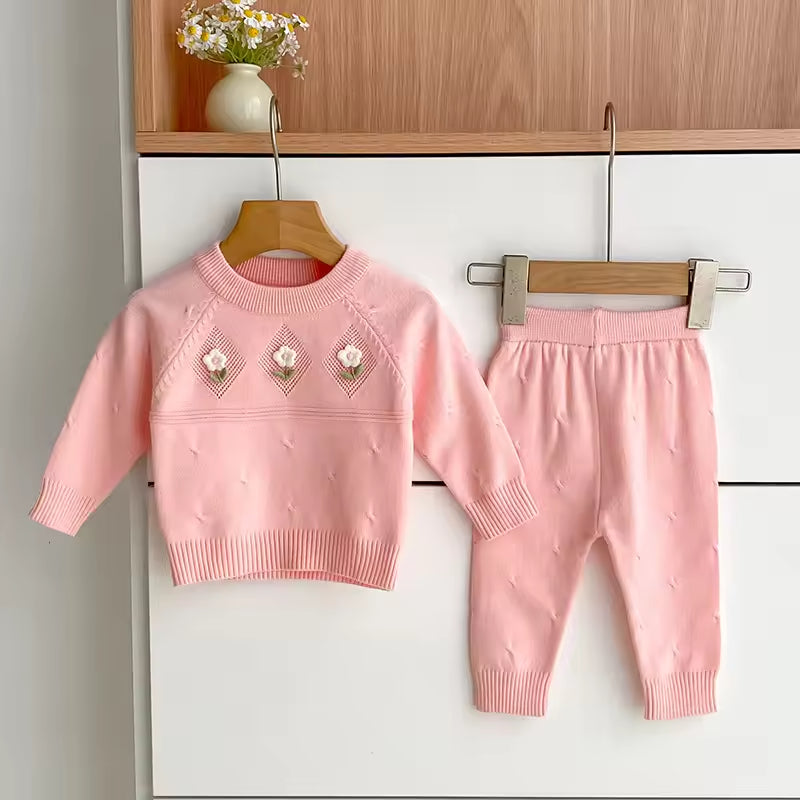 Autumn Fashionable New Korean Casual Style Baby Girls' Two-Piece Suit Small Fragrant Style Knitted Top + Pants Baby Suit