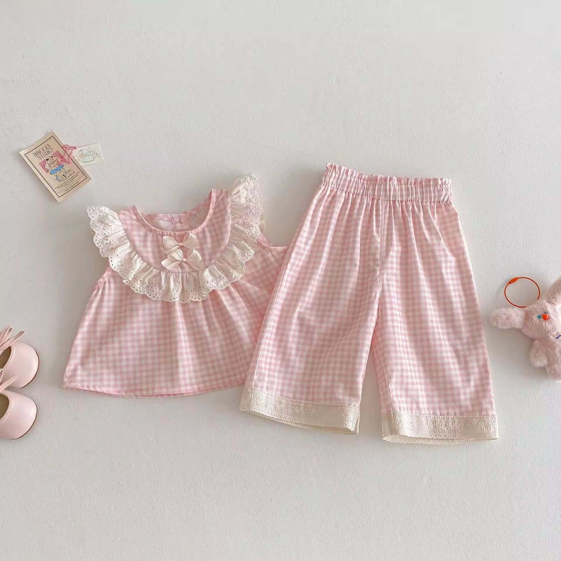 2025 Girls' Casual Plaid Baby Suit New Summer Two-Piece Set Wide Leg Pants with Bow Doll Shirt Korean Style Baby Set