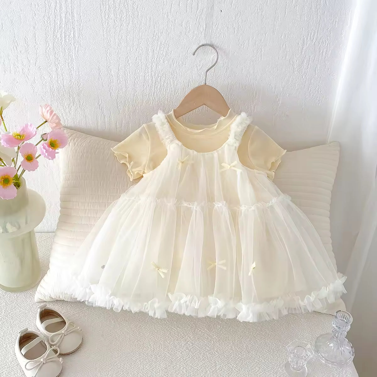 2025 Summer New Girl's Suspender Gauze Skirt Baby Suit Casual Infant Toddler Princess Skirt Short-Sleeved Solid Two-Piece Set