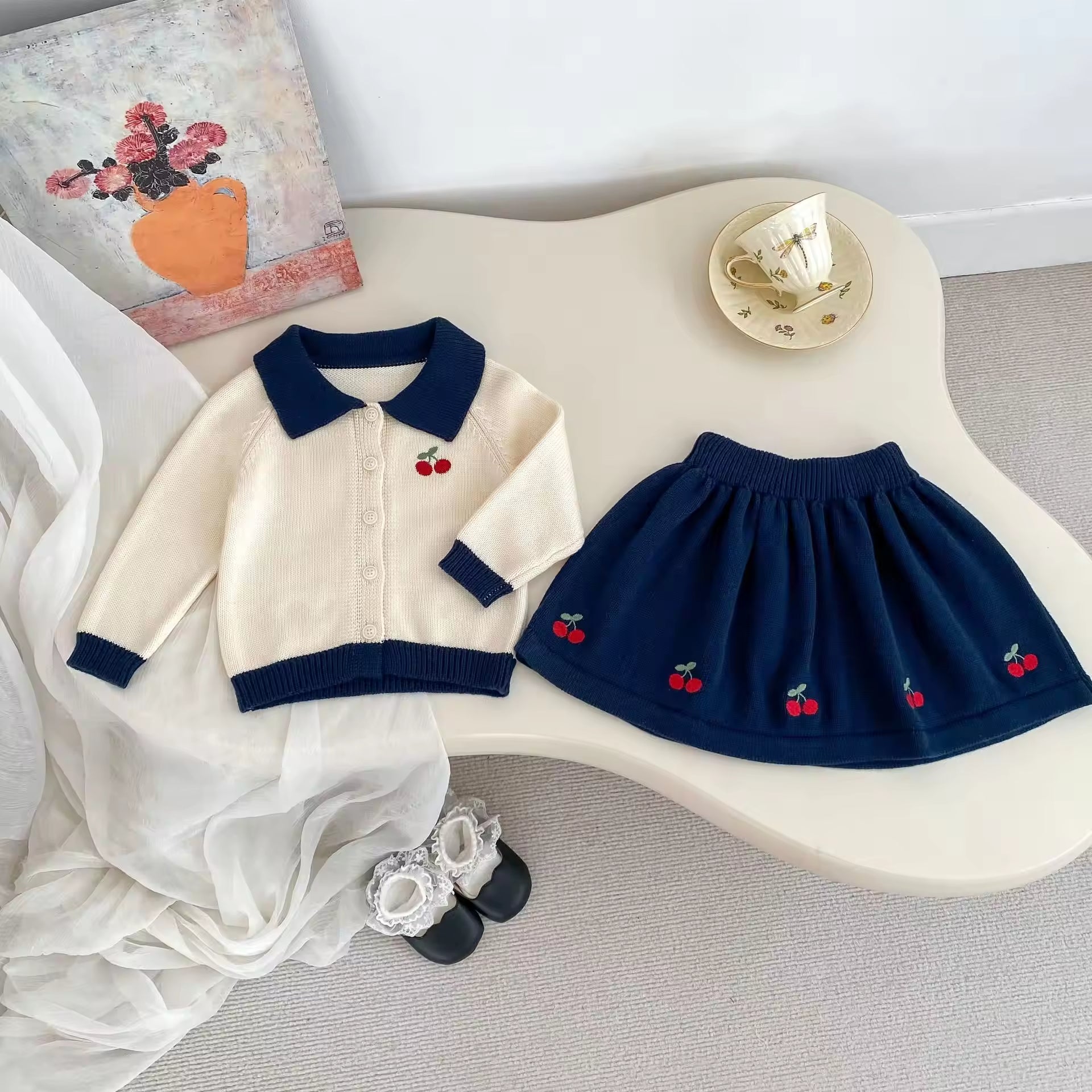 2025 New Style Girls' Sweater Dress Set Sweet Baby Girl Cherry Embroidery Knitted Cardigan and Skirt Two-piece Set