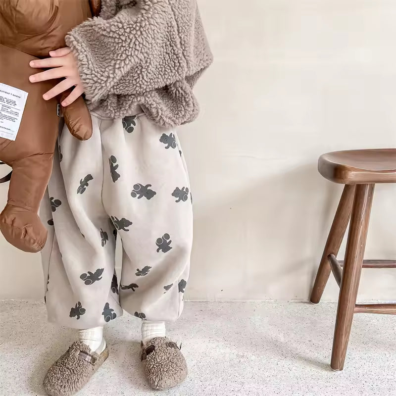 2025 Children's Autumn and Winter Korean Fleece Casual Baby Pants for Girls and Boys Breathable Straight Pants