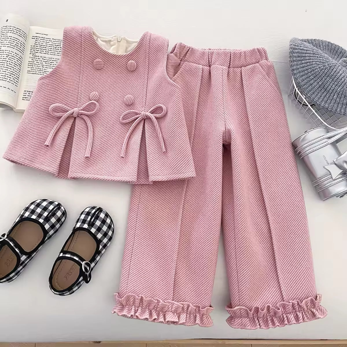 2025 New Winter Korean Style Casual Girls' Clothing Set Velvet Vest Trousers Two-piece Set Soft Warm Baby Suit