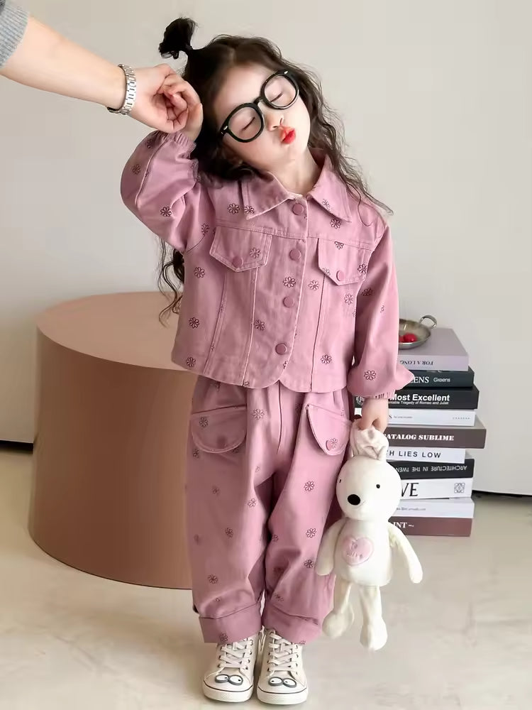 Girls' Autumn Coat Set 2025 Stylish Casual Two-piece Printed Children's Spring and Autumn Collection