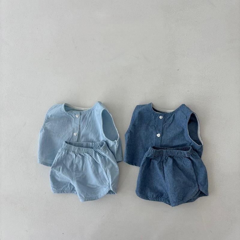 Wholesale Korean Style Ins Vest Shorts Denim Suit Summer Fashion Casual Two-Piece Set for Boys and Girls Solid Pattern Baby Set