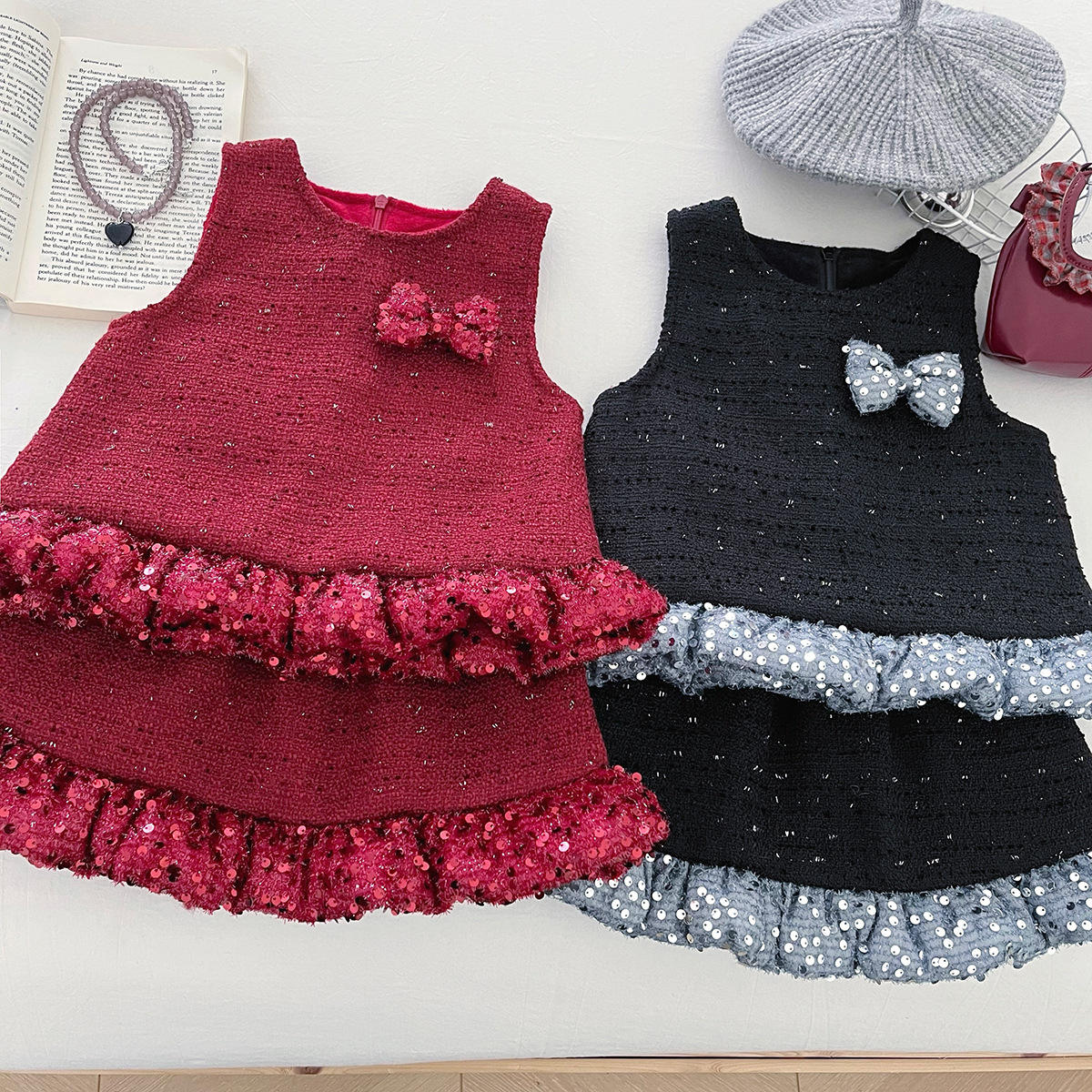 Wholesale 2025 Girl's Clothing Set Winter Two-piece Set Lace Vest Top Fleece-lined Short Skirt Solid Worsted Fabric Warm Princess Design
