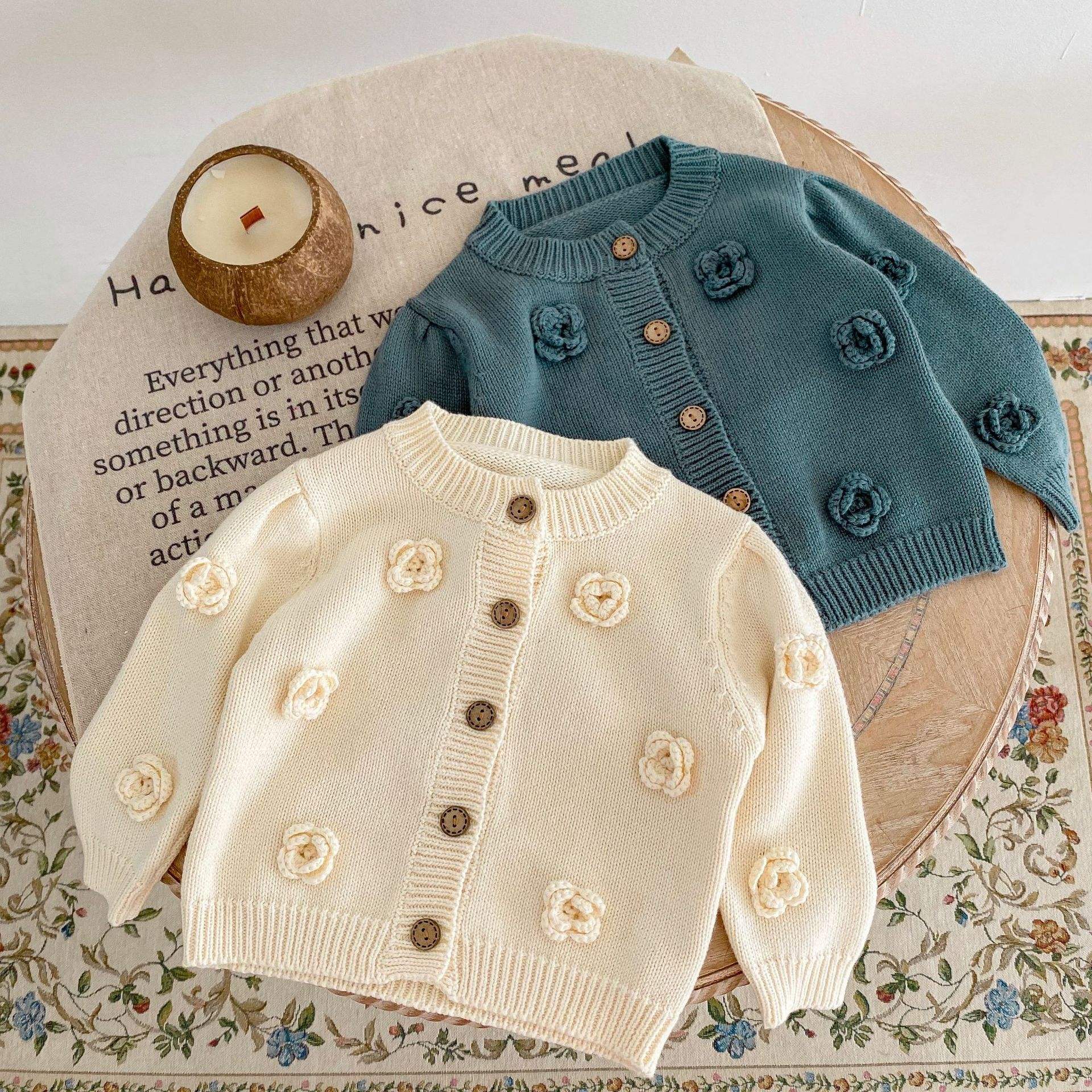 Wholesale Autumn 2025 Baby Girl Casual Crewneck Baby Sweaters Cardigan Handmade Flower Knitted Cotton Button Decoration Baby Tops