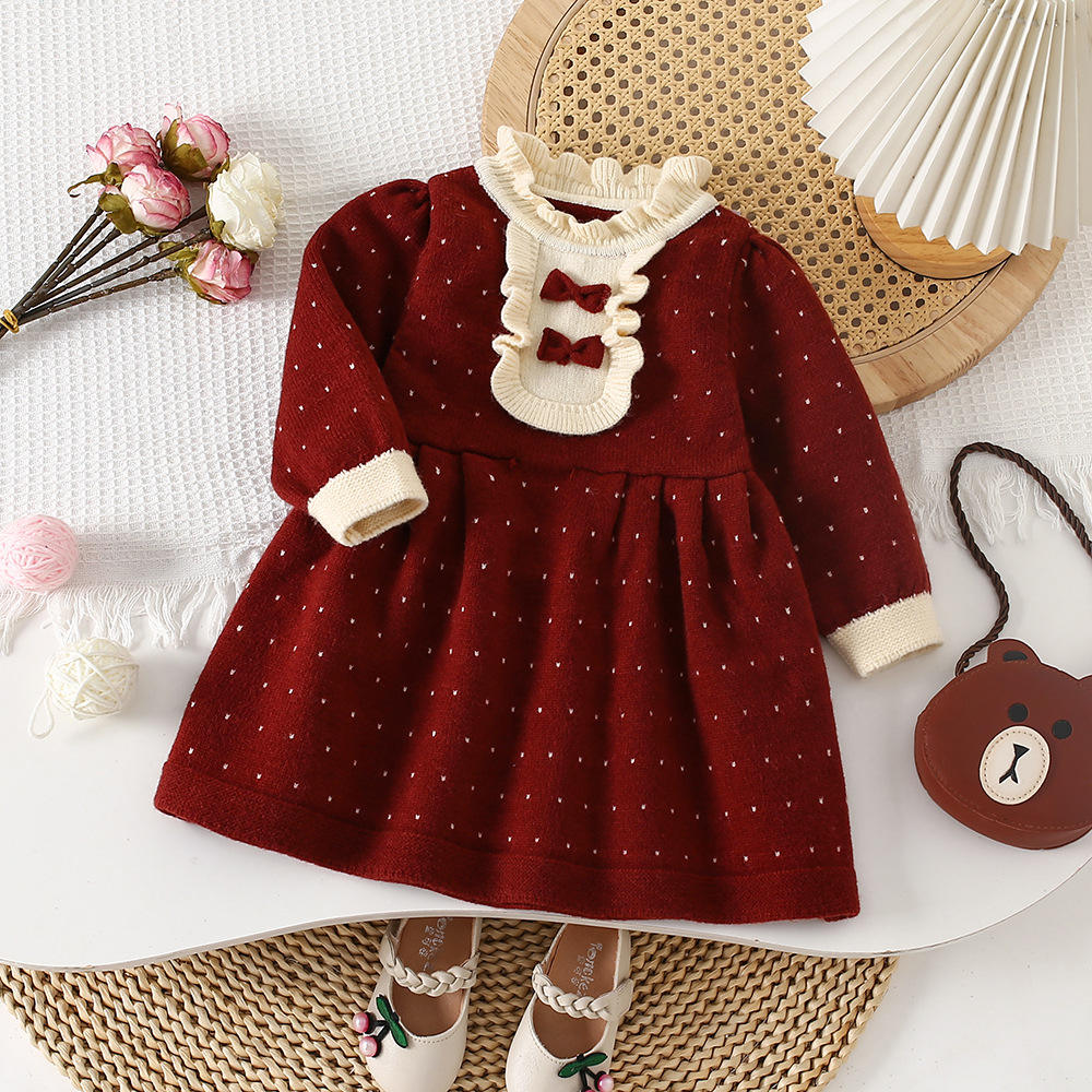 Wholesale Girl's Children's Clothes Autumn and Winter O-neck Long Sleeve Sweet Style Knitted Sweaters Dress Warm Baby Dresses