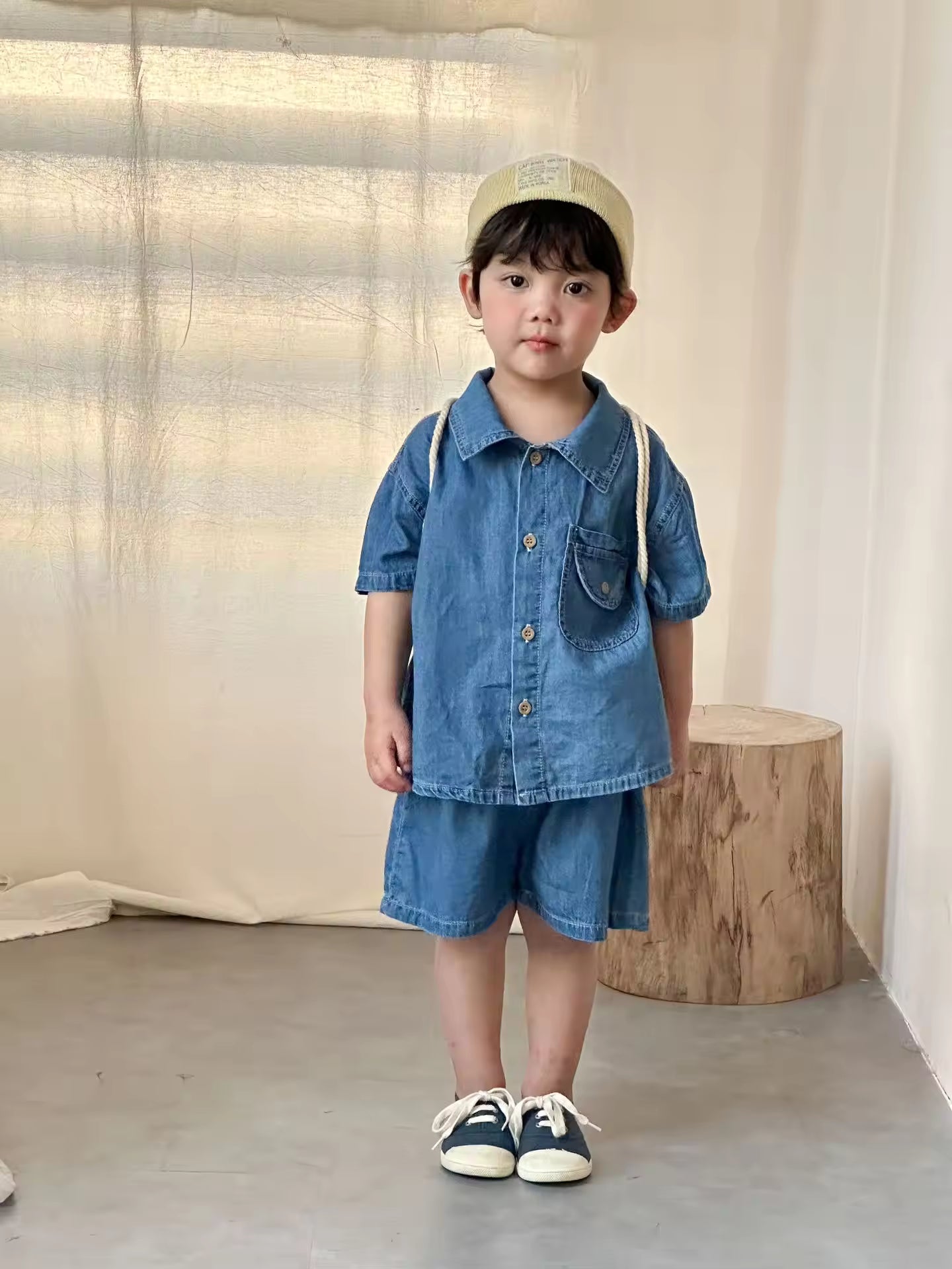 Wholesale 2026 Children's Clothes New Summer Denim Solid Color Boys' Navy Style College Baby Girls' Dress Brother Sister Outfit