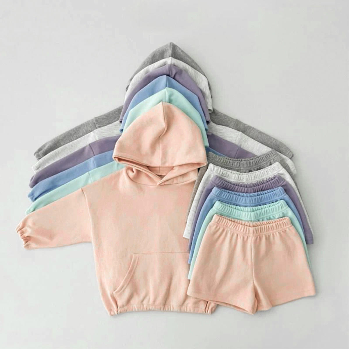 Wholesale 2026 Korean Children's Clothing Boys and Girls High-End Color Series Pure Cotton Pocketed Hoodie Fashion Hoodie and Shorts Set
