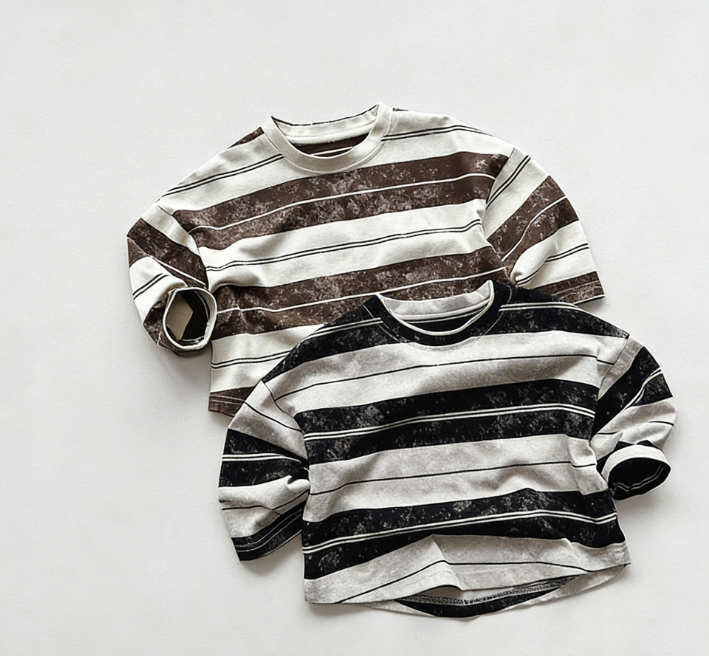 Wholesale 2026 Spring Retro Stripes Distressed Style Children's Baby T-shirt Korean Version Versatile and Stylish Kids Top