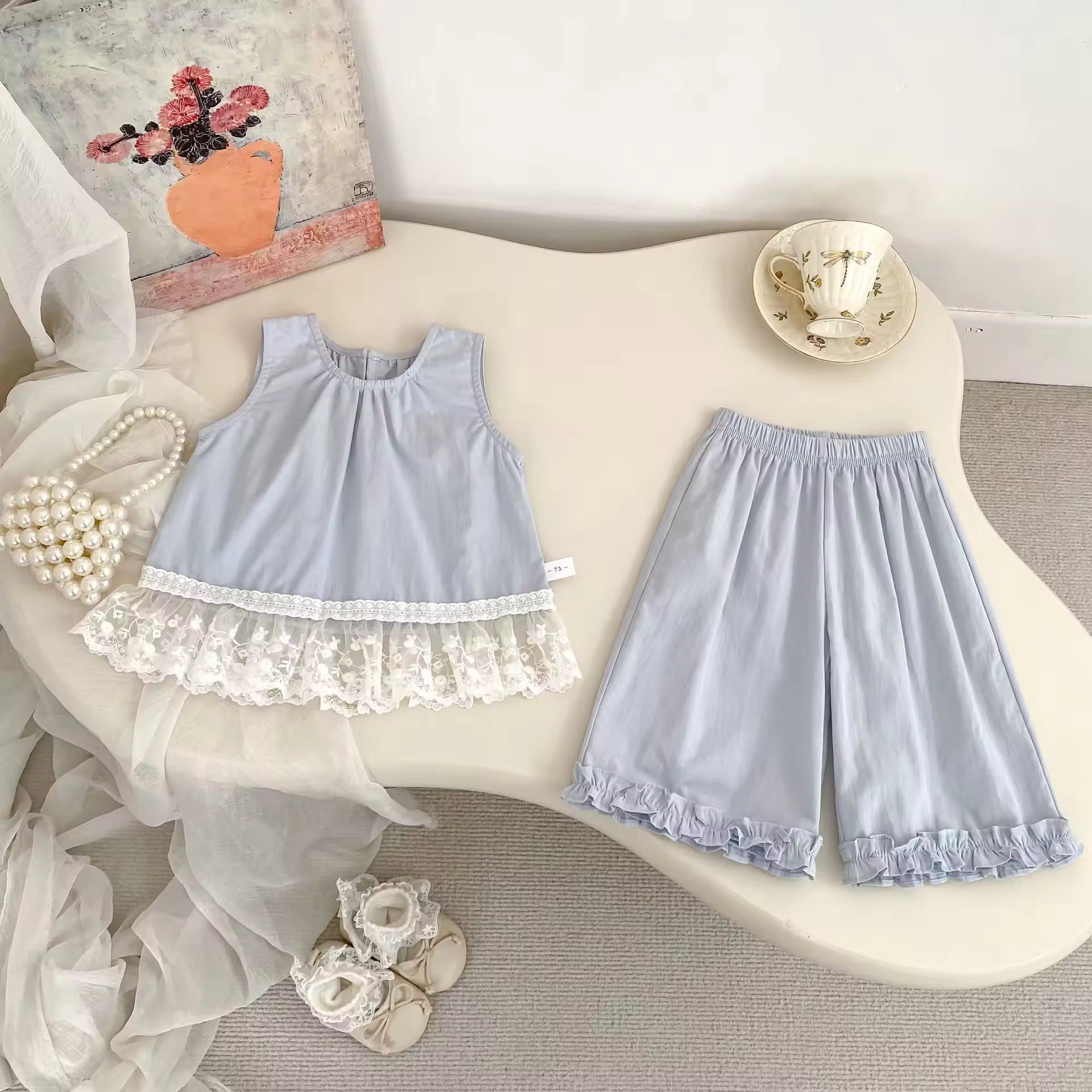 Wholesale 2026 Summer Girls' Clothing Sleeveless Set New Lace Patchwork Top with Frilled Wide-Leg Pants Sweet Girl Two-Piece Set