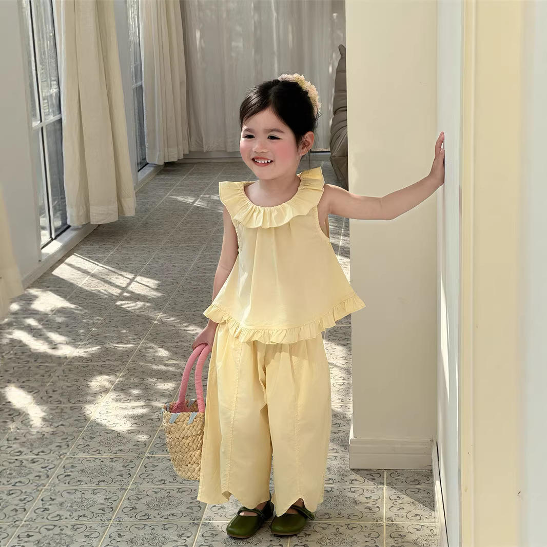 Wholesale 2026 Summer New Arrival Korean Children's Clothing Girls' Cotton Ruffle Collar Sleeveless Vest Lantern Balloon Pants Baby Suit