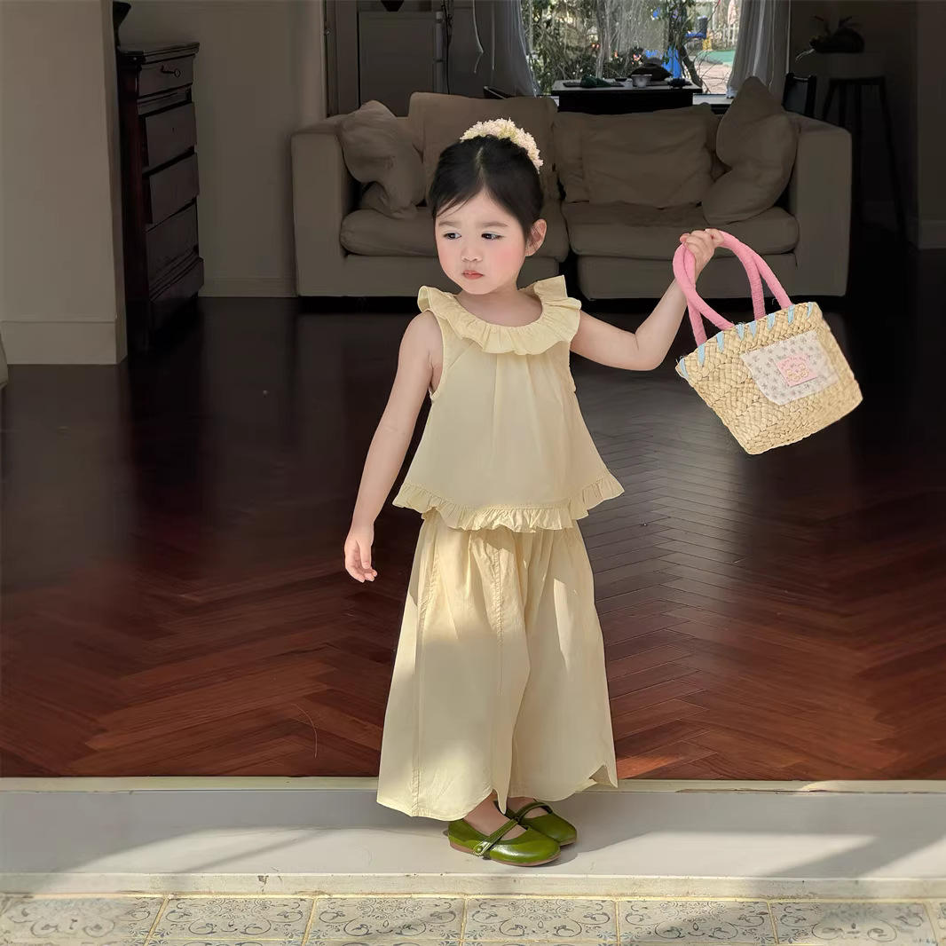 Wholesale 2026 Summer New Arrival Korean Children's Clothing Girls' Cotton Ruffle Collar Sleeveless Vest Lantern Balloon Pants Baby Suit