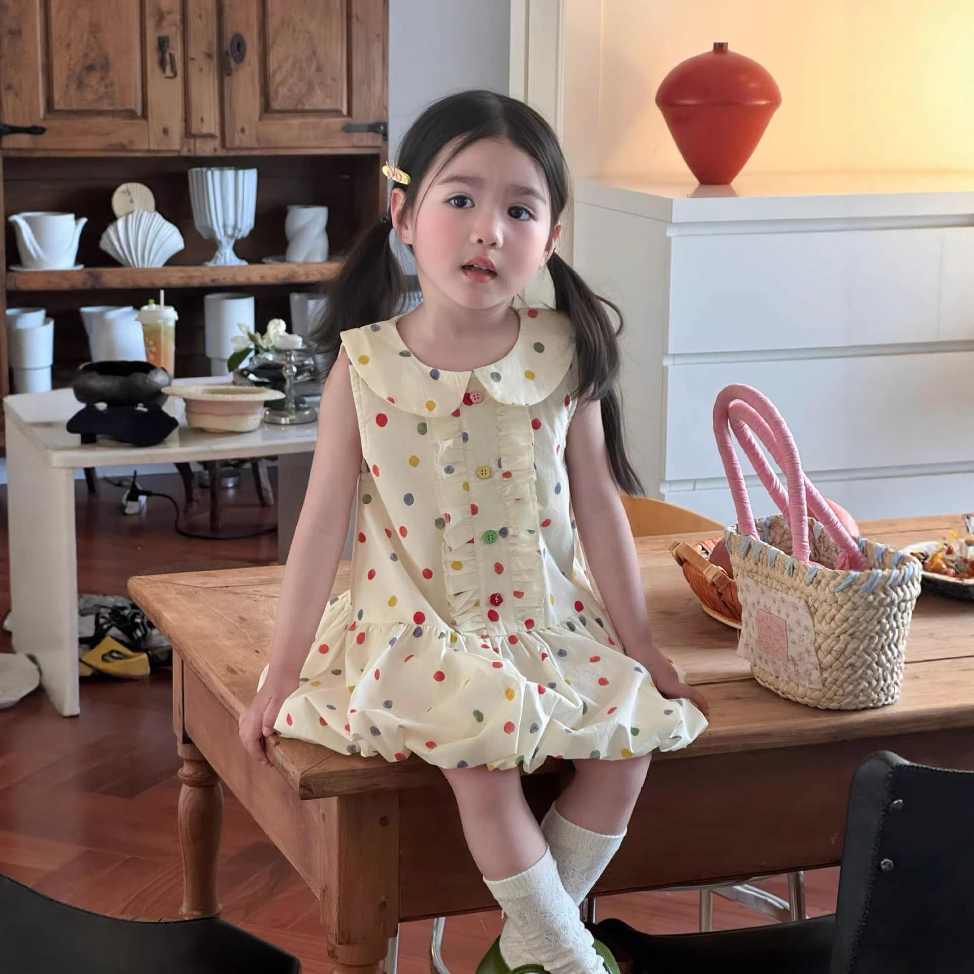 Wholesale 2026 Summer New Korean Style Children's Clothing Girl's Dresses Fresh Sweet Colorful Polka Dot Sleeveless Ruffled Bud Skirt