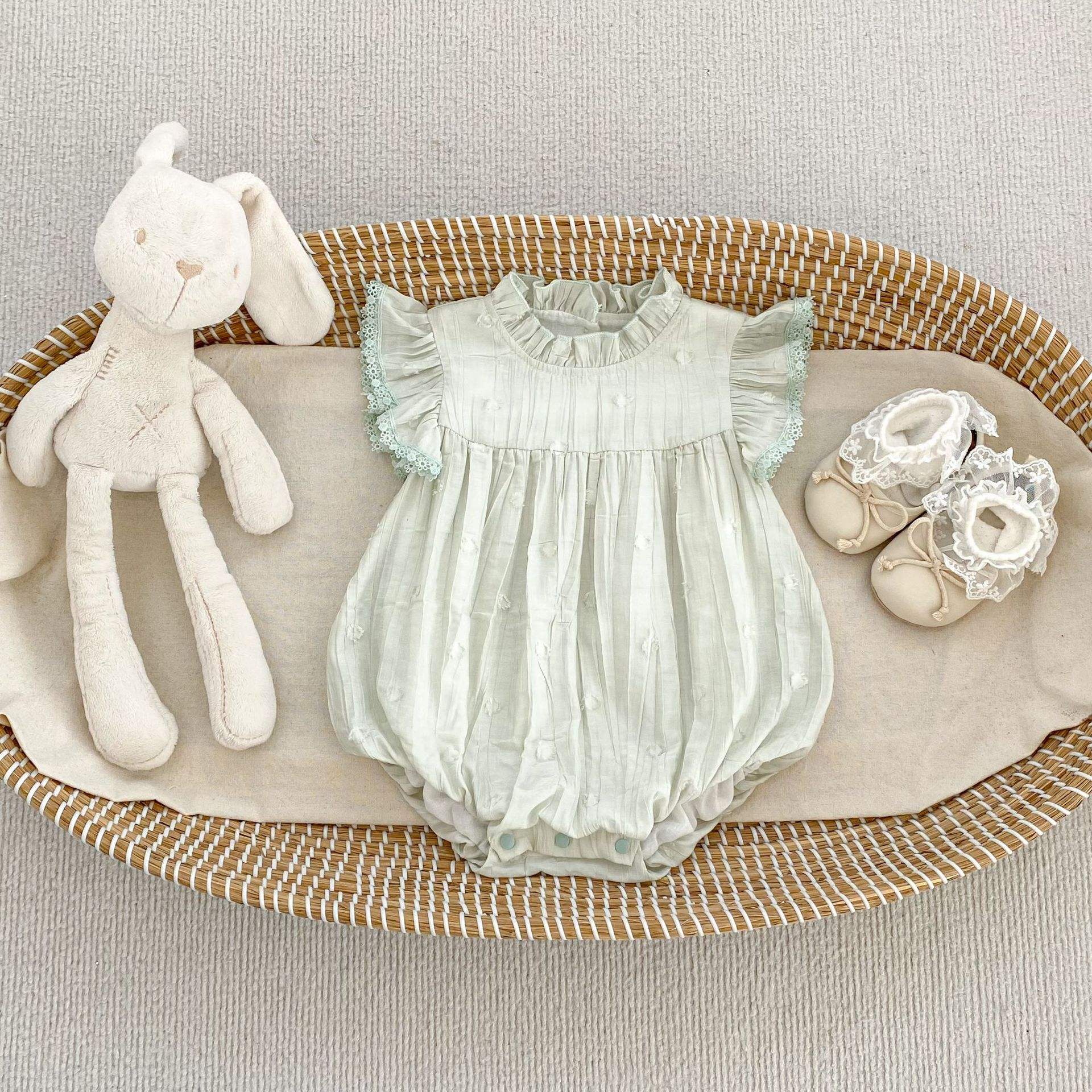Wholesale 2026 New Fresh Simple Baby Romper Solid Color Summer Baby Flutter Sleeve Girls Stand Collar Triangle Bodysuit Crawling Suit